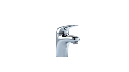 Transparent png of a shiny chrome faucet fixture is presented against a featureless and uniform presentation surface area –real image , without background –isolated on transparent background.