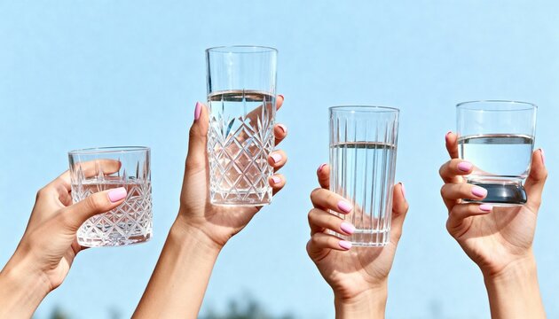 Hands holding clear glasses filled with water against blue background.