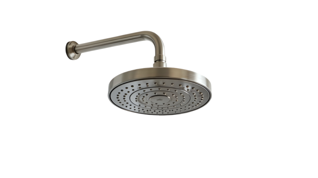 Transparent png of a close up view of a metallic shower head with small holes and a curved pipe attached to the wall –real image , without background –isolated on transparent background.