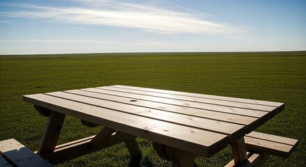 Wooden Picnic Table Overlooking a Vast Green Field.