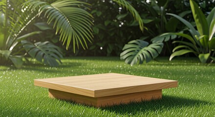 Wooden Platform in Lush Tropical Garden for Product Display.
