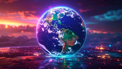 A luminous representation of Planet Earth resting on a digital, futuristic landscape, symbolizing global connectivity and technology at sunset