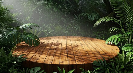 Wooden Platform in Lush Jungle with Tropical Plants.