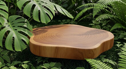Wooden Platform Surrounded by Lush Greenery for Product Display.