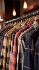 Obraz premium Casual Flannel Shirts Displayed in a Cozy Clothing Store During Evening Hours