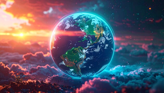 A breathtaking digital artwork showcasing our vibrant planet Earth, radiating a futuristic glow amidst a celestial tapestry of dramatic, colorful clouds and cosmic light