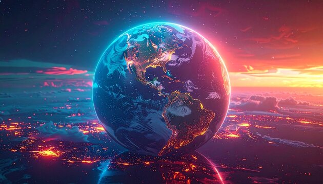 Vibrant Earth glowing with city lights under a dramatic sunset sky, representing global connection and energy