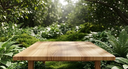 Wooden Table in Lush Green Garden Setting for Display.