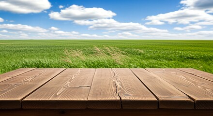 Wooden Table Overlooking a Lush Green Field and Sky.