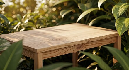 Wooden Table Surrounded by Greenery in Natural Light.