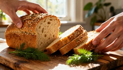 Hands reach for sliced seeded bread loaf on wooden board with dill sprigs