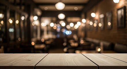 Wooden Table Top with Blurred Restaurant Interior Background.