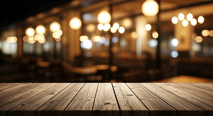 Wooden Table with Blurred Restaurant Background at Night.