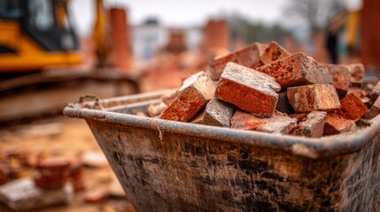 red brick rubble in a metal waste bin at a construction site, focusing on the demolition and removal of building materials.