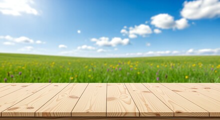 Wooden Table with Green Field and Blue Sky Background.