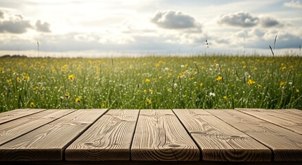 Wooden Tabletop Overlooking a Lush Green Field and Cloudy Sky.