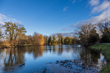 Obraz premium Late Autumn/Early Winter Scene by a Pond in a Historic Park: Reflections of Bare Trees and Willows in the Water on a Clear Day