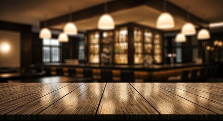Wooden Tabletop with Blurred Bar Background for Product Display.