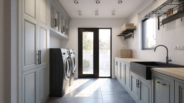 laundry and utility room. Features include grey shaker cabinets, a black basin sink, wood counters, two washers/dryers, and a glass patio door letting in sunlight, emphasizing storage and efficiency