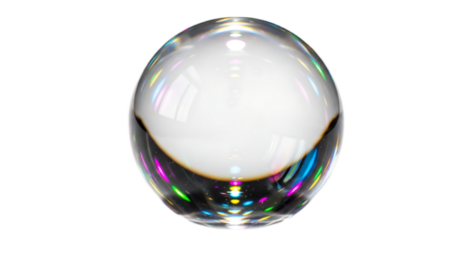 A shiny clear orb with colorful reflections against a black background in a centered composition