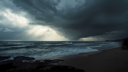 Dramatic stormy skies over dark ocean waves create a powerful, moody seascape, perfect for conveying strength, resilience, and the beauty of nature's raw power