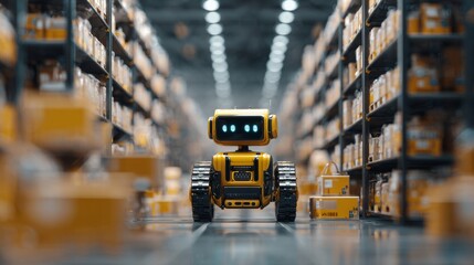 Robot forklift efficiently sorting in modern warehouse, Automated warehouse concept with automation robot work in warehouse.