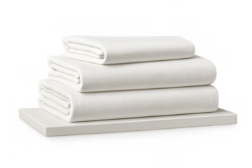 Stacked white folded towels and fresh linens neatly organized on a shelf, showing cleanliness and hotel service, transparent background