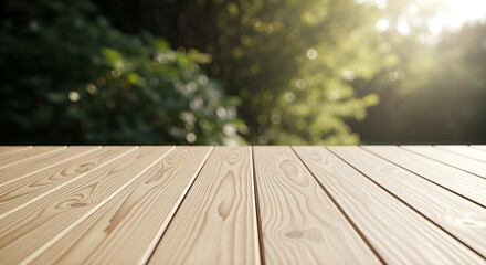 Wooden Tabletop with Blurred Green Foliage Background for Product Display.