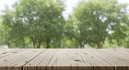 Wooden Tabletop with Blurred Green Trees Background for Product Display.