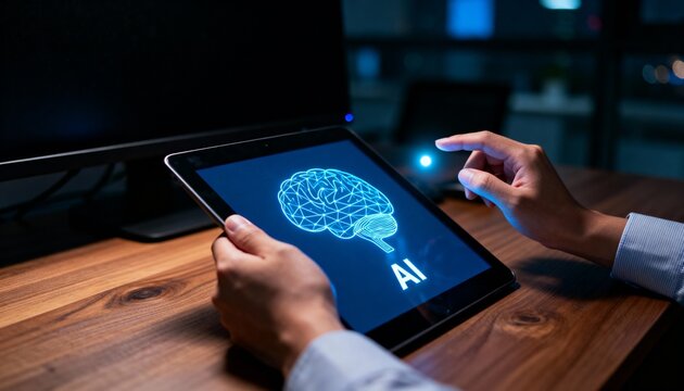 Human using tablet displaying digital brain illustration. Artificial intelligence