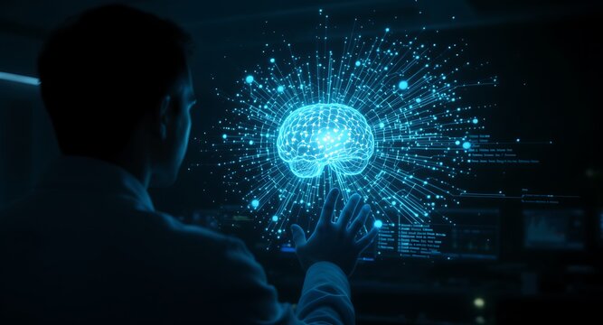 Illustration of glowing brain hologram surrounded by digital interface