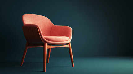 3D rendering of a modern chair with wooden legs in minimalist interior lighting &mdash; stylish furniture concept for home decor, design catalog, or product visualization banner