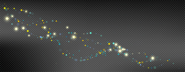 Cyan, Gold, Blue Stars Confetti. Shimmering Shiny particles. Scattered little sparkling, glitter light points. Stellar falling on black background. New Year Christmas background. Vector illustration.