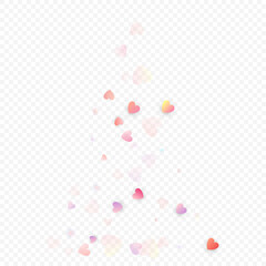 Heart love vector background. Valentine frame. Pink hearts confetti. Scattered love symbols. Random falling heart shape on transparent background. Beautiful Invitation, Greeting Card Illustration.