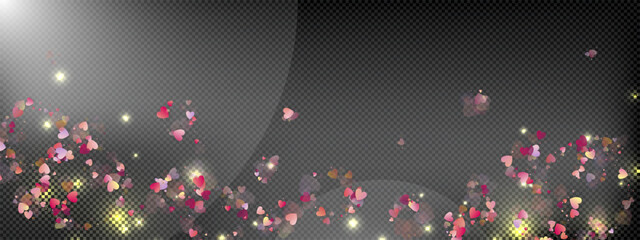 Heart love vector background. Valentine frame. Pink heart confetti. Scattered love symbols. Random falling heart shape on transparent black background. Beautiful Invitation Greeting Card Illustration.
