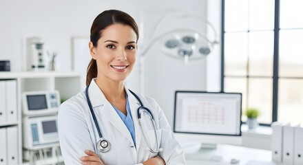 A smiling female doctor in a white coat with a stethoscope in a modern medical office space