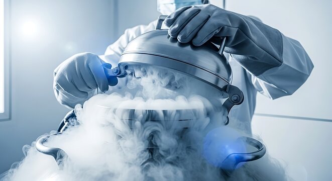 Laboratory worker opening liquid nitrogen container with white vapor.
