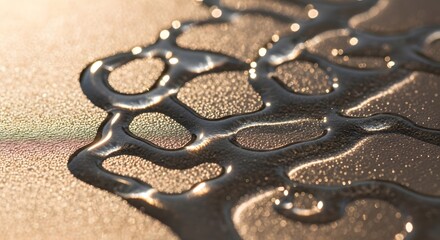 A close up shot of dark liquid flowing on a textured golden surface creating abstract patterns