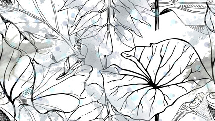 Black and white tropical seamless pattern under gentle watercolor blobs and stains. Contrast exotic graphics print. Modern summer flower, leaf on abstract brush. Organic, tropic vector background.