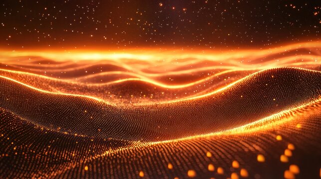A golden wave pattern with orange and yellow particles, set against a dark background with a subtle glow effect. The wave-like pattern is dynamic and fluid, with a sense of movement and energy. 