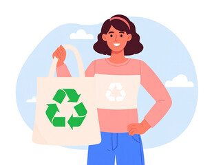 Cartoon Eco-Fashion Character Holding Recycled Tote Bag, Vector Illustration PNG