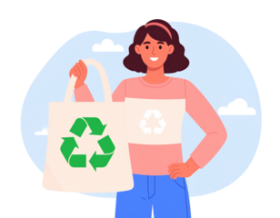 Cartoon Eco-Fashion Character Holding Recycled Tote Bag, Vector Illustration PNG