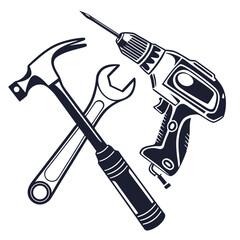 Handyman tools including a hammer, wrench, and drill