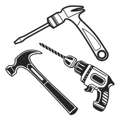 Handyman tools including a hammer, wrench, and drill