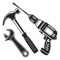 Illustration of a hammer, wrench, and drill