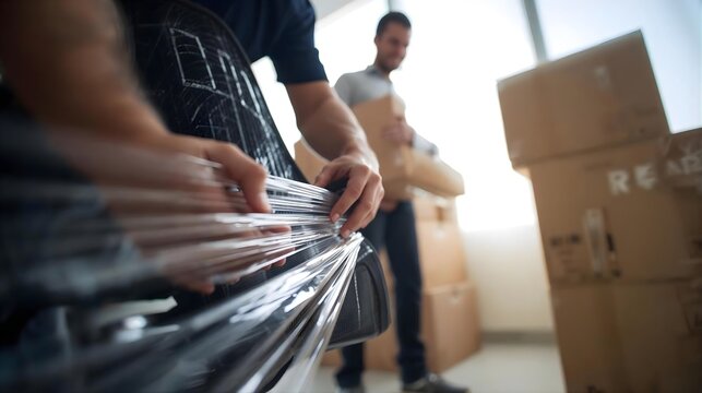 Close-Up of Mover Wrapping Office Chair with Plastic Film While Colleague Stacks Boxes in Bright Workplace
