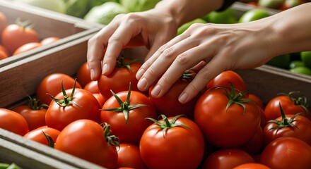 Hands selecting ripe red tomatoes from a wooden crate at the local farmers market display area