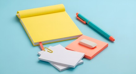 A yellow notepad with a pen, eraser, and paper on a light blue surface in a studio setting