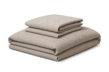 Stack of clean beige folded bed sheets and bedding set, soft linen textile for comfortable resting, transparent background