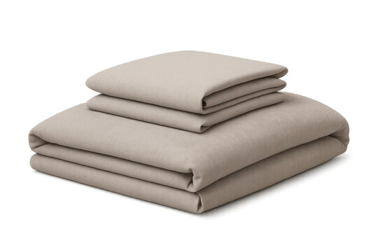Stack of clean beige folded bed sheets and bedding set, soft linen textile for comfortable resting, transparent background